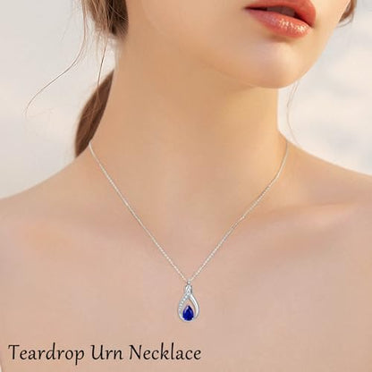 Teardrop Urn Necklace for Ashes Birthstone Keepsake Pendant Cremation Jewelry for Ashes Memorial Jewelry Gifts for Loss of a Loved One for Women - style: Sep-Sapphire