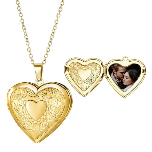 Gold Locket Necklace for Women, Vinatge Heart Oval Butterfly Angel Engraved Pendant that Holds Picture Photo Locket Memorial Necklace Personalized Jewelry Birthday Gifts - color: Heart/Gold