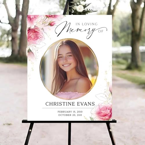 Pink Gold Roses Funeral Welcome Sign, Celebration of Life Welcome Sign, in Loving Memory Sign, Celebration of Life Funeral Sign, Celebration of Life Sign, Memorial Sign with Photo #vd1 - color: Version #4