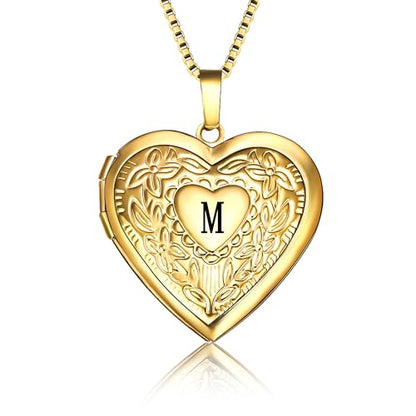 GOKING Love Heart Memory Locket Necklace Holds Pictures for Women - color: Letter M
