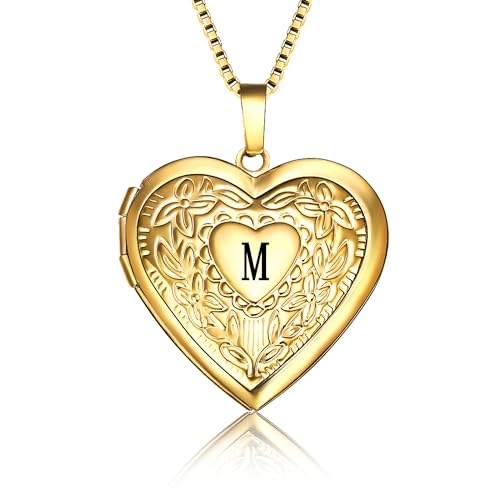 GOKING Love Heart Memory Locket Necklace Holds Pictures for Women - color: Letter M