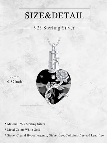 OCJ Heart Rose Flower Urn Necklace for Ashes Women Birthstone Cremation Necklaces Sterling Silver Memorial Cremation Jewelry Gifts - color: 13-Black Crystal