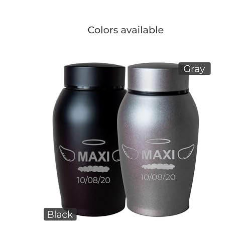 Personalized Cremation Keepsake Pet Ashes Urn Waterproof with Airtight Closure Customized Text Engraving Vase Container Memorial Dog Cat Funeral Decorative (Name w/Angel Wings & Halo)