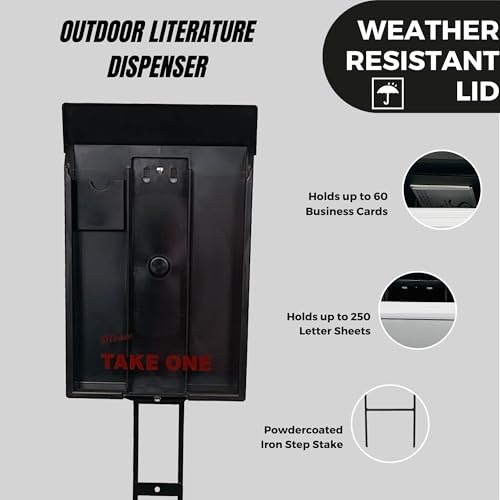 Outdoor Real Estate Brochure Box on Yard Stake, Weatherproof Self-Closing Lid, Take One Flyer Holder, Holds 250 8.5 x 11 Documents and 60 Business Cards, 46 inch Stand (Black, Pack of 1) - color: Black, size: Pack of 1