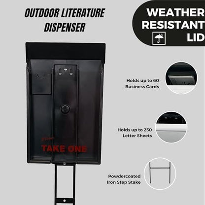 Sanzo Specialties Outdoor Brochure Box on a Stake 46 inch tall - Holds 250 8.5 x 11 Documents and 60 Business Cards, Flyer Literature Yard Dispenser (Black, Pack of 2) - color: Black, size: Pack of 2