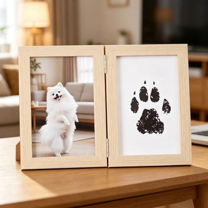 Pet Memorial Double Picture Frame with Paw Print Kit, Natural Wood, Includes Black Ink Pad and Print Papers (White)