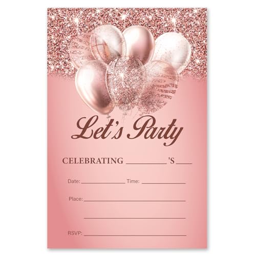 Birthday Invitations for Women Girl Rose Gold 20 Cards with Envelopes | Birthday Party Invitation Cards for Girl Rose Gold Glitter 20 Fill-in Invites with Envelopes - color: BS