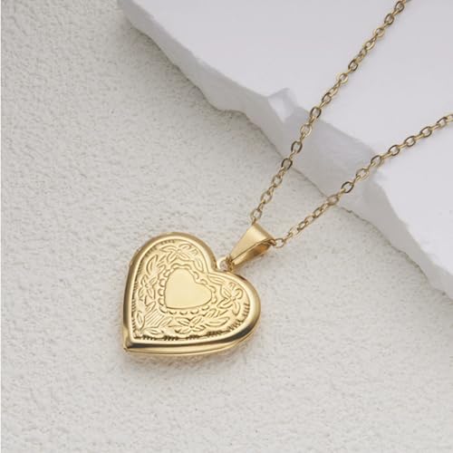 Gold Locket Necklace for Women, Vinatge Heart Oval Butterfly Angel Engraved Pendant that Holds Picture Photo Locket Memorial Necklace Personalized Jewelry Birthday Gifts - color: Heart/Gold