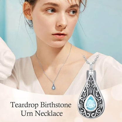Teardrop Urn Necklace for Ashes Filigree Birthstone Keepsake Pendant Cremation Jewelry for Ashes Memorial Jewelry Gifts for Loss of a Loved One for Women - style: Mar-Aquamarine