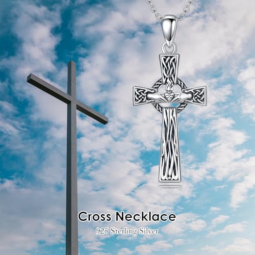 PROESS Cross Necklace for Women Men Sterling Silver Rose/Sunflower Cross Pendant Religious Jewelry Christmas Birthday Mothers' Day Gifts - color: 15-Hand & Heart