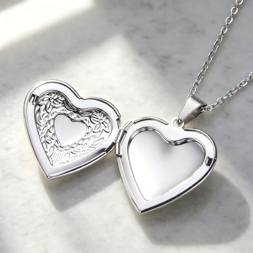 Heart Locket Necklace Pendant Dainty Memorial Keepsake Locket Necklace That Holds Pictures Stainless Steel Heart Photo Box Necklace for Women Lover Mother Father Daughter Son Fashion Jewelry Gifts - color: 01Silver
