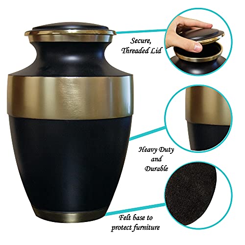 Black and Gold Cremation Urn for Human Ashes, Adult Engraved Memorial Urn