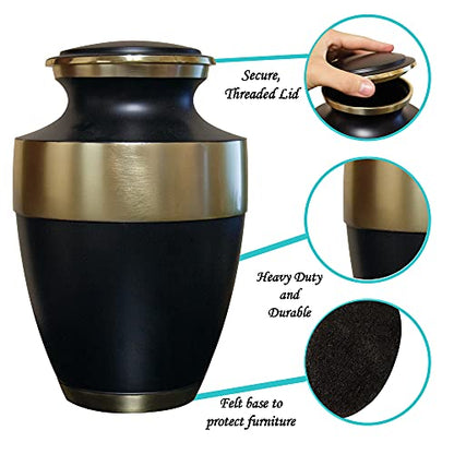 Black and Gold Cremation Urn for Human Ashes, Adult Engraved Memorial Urn