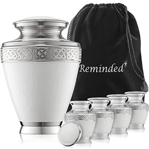 Reminded Set of 5 Etched Celtic Cremation Urns for Human Ashes - 1 Brass Adult + 4 Keepsake, White - color: White