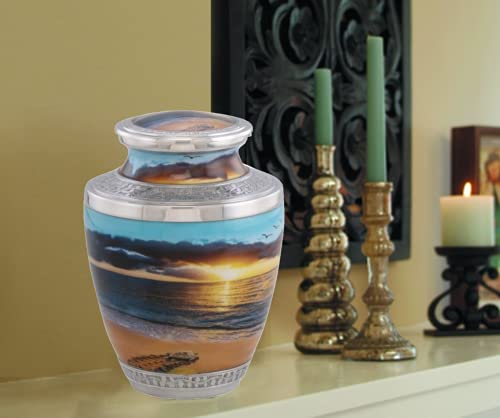 Sunset Cremation Urn, Handcrafted Metal Urn for Human Ashes, Adult Cremation Urn with Velvet Bag