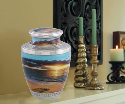 Sunset Cremation Urn, Handcrafted Metal Urn for Human Ashes, Adult Cremation Urn with Velvet Bag