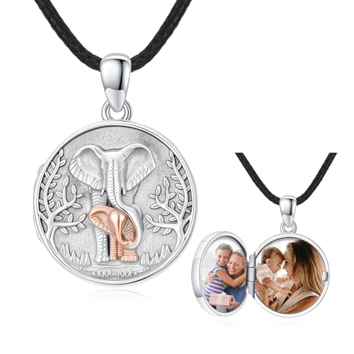 Locket Necklace for Women 925 Sterling Silver Celtic Locket Pendant Necklace Moonstone/Turquoise/Black Agate Heart Shaped Locket Necklace Jewelry Gifts for Women - style: Elephant Round
