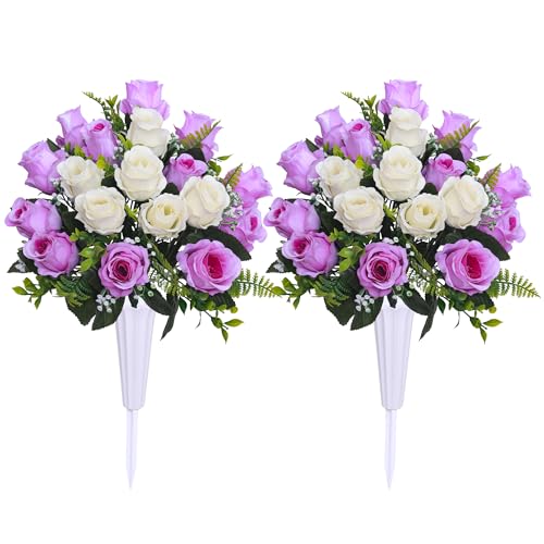 Set of 2 Artificial Cemetery Flowers with Vase,Grave Memorial Flowers,Artificial Rose Bouquet Decoration for Cemetery Headstones Gravesites (White with Purple, 2 Bouquets) - color: White With Purple