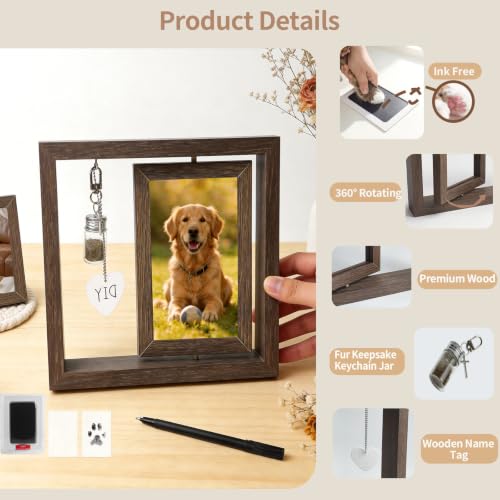 Dog Memorial Gifts for Loss of Dog, Pet Rotating Photo Frame | Wooden Frame for 4x6" Photo Double Sided, with Fur Jar, Pet Paw Print Kit , Keepsake Sympathy Gift for Dog or Cat