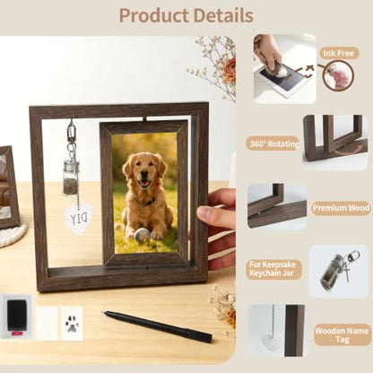 Dog Memorial Gifts for Loss of Dog, Pet Rotating Photo Frame | Wooden Frame for 4x6" Photo Double Sided, with Fur Jar, Pet Paw Print Kit , Keepsake Sympathy Gift for Dog or Cat