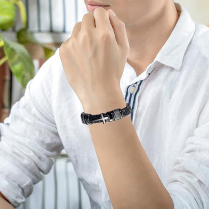 Urn Bracelet for Ashes With Leather Cremation Knot Cross Bracelet Stainless Steel Keepsake Cuff Bangle for Men Gifts With Funnel Kit & Bag - color: Black-24cm