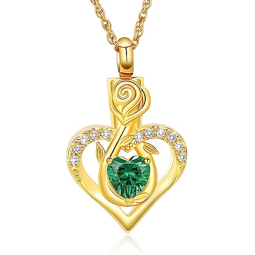 Roseflower Cremation Jewelry Heart Urn Necklace for Ashes for Women Gilrs Memorial Keepsake Birthstone Pendant Necklaces for Ashes of Loved Ones - color: Golden-green