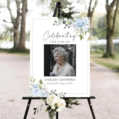 Celebration Of Life Sign With Picture, Funeral Poster Board Personalized, Blue Florals Funeral Welcome Sign, Memorial Sign, Celebration Of Life Sign, Celebration Of Life, In Loving Memory Sign - color: Version 11