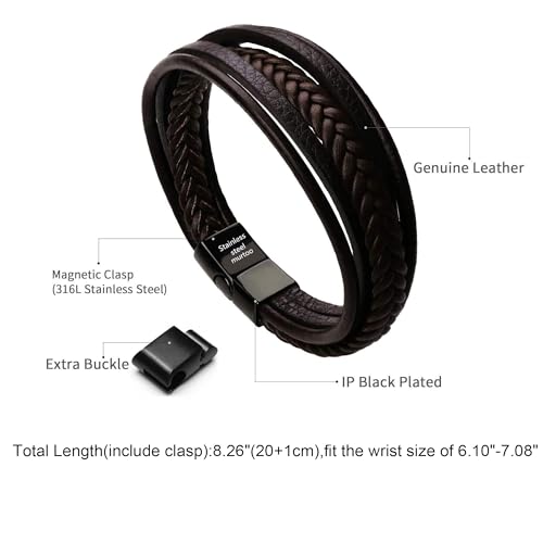 Mens Leather Bracelet with Clasp Cowhide Multi-Layer Braided Leather Mens Bracelet - style: brown leather&black clasp&8.3