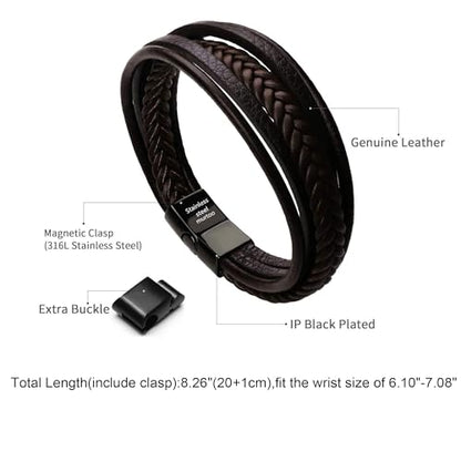 Mens Leather Bracelet with Clasp Cowhide Multi-Layer Braided Leather Mens Bracelet - style: brown leather&black clasp&8.3
