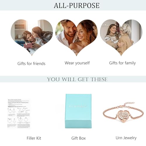 zeqingjw Heart Urn Bracelet for Ashes for Women Men Tree of Life Cremation Bangle Ashes Holder Keepsake Pendant Memorial Jewelry Gifts - color: Rose Gold