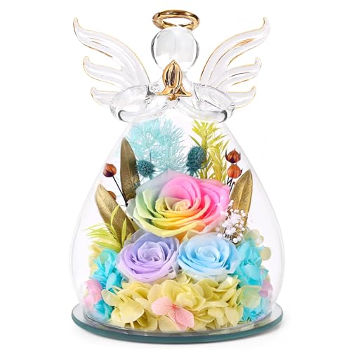 Bessol Gifts for Women Birthday Gifts for Mom Flowers for Delivery Fresh Eternal Preserved Rose Forever Flower in Glass Angel Figurines Gift Anniversary for Grandma Wife Sister Daughter Friends - color: Spring Rainbow (Rose, Austin, Baby's Breath, Hydrang