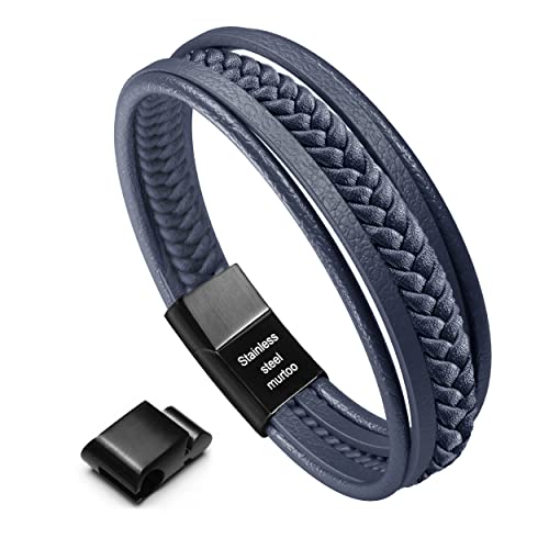 Mens Leather Bracelet with Clasp Cowhide Multi-Layer Braided Leather Mens Bracelet - style: Dark Blue&Black Clasp 8.5