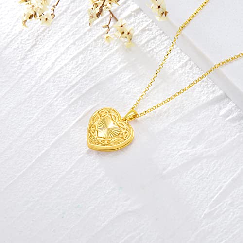 SOULMEET 10K 14K 18K Solid Gold Personalized Sunflower/Starburst/Cross/Rose/Lotus/Butterfly/Turtle/Celtic/Bee Heart Locket Necklace That Holds Picture Gift Choice - style: L-Solid gold celtic heart locket+photo