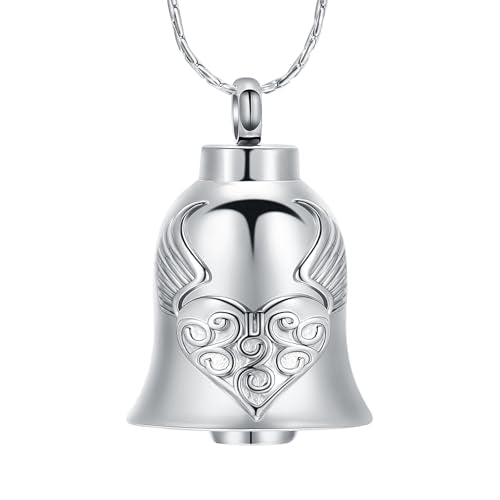 constantlife Cremation Jewelry for Ashes Angel Wing Heart Bell Urn Necklace Memorial Pendant Loved Ones Ash Holder Keepsake Gift for Women Men - color: Silver