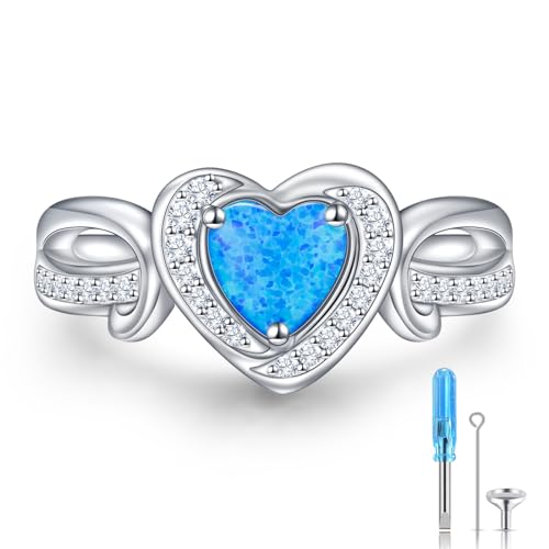 Heart Urn Rings for Ashes for Women 925 Sterling Silver Synthetic Opal Cremation Rings Urn Jewelry for Ashes of Loved Ones - color: Blue