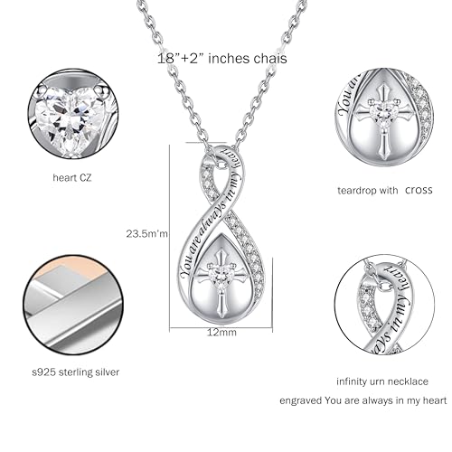 ZOEXUE Infinity Cross Cremation Jewelry - S925 Sterling Silver Cross Urn Necklace for Women - Birthstone Cross with Heart CZ Ashes Keepsake Pendant Memorial Urn Jewelry Gift for A Loss Loved Ones - color: White