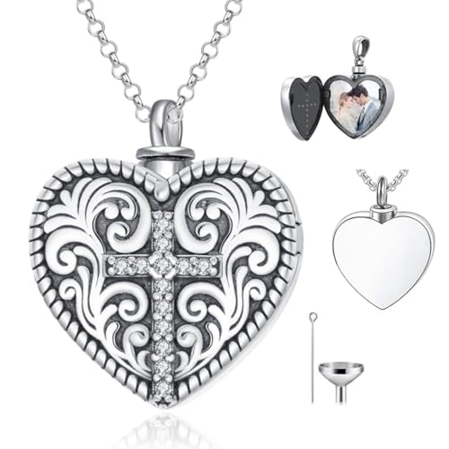Personalized Heart Urn Locket Necklace for Ashes and Pictures 925 Sterling Silver Customized Locket Cremation Necklace for Ashes Memorial Keepsake Jewelry for Women - color: Cross Urn Locket, style: Custom