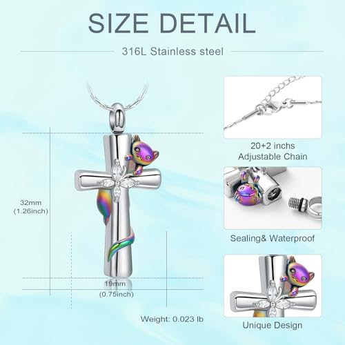 Cross Urn Necklaces for Men Women Cat Butterfly Cremation Jewelry for Ashes Stainless Steel Pet Memorial Ashes Pendant Keepsakes Jewelry - color: Rainbow