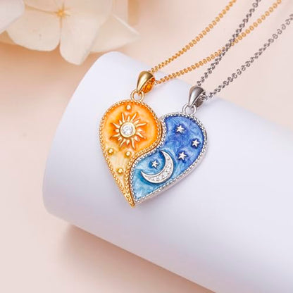 FLYOW S925 Sterling Silver Best Friend Couple Pendant Friendship Sun Moon Lotus Yin Yang Matching Bff Necklace for Women Jewelry - style: Heart Yin Yang
