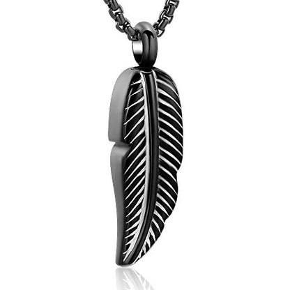 Oinsi Stainless Steel Feather Urn Necklace Hold Cremation Ashes Keepsake Memorial Jewelry +Box+Fill Kits - color: Black