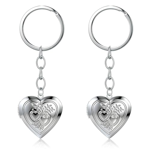2PCS Elegant Heart Locket Keychain with Decorative Chain Stainless steel, Heart Pattern Design, Photo Frame Pendant - color: Heart-2