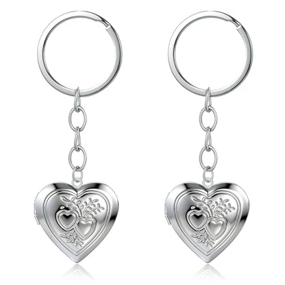 2PCS Elegant Heart Locket Keychain with Decorative Chain Stainless steel, Heart Pattern Design, Photo Frame Pendant - color: Heart-2
