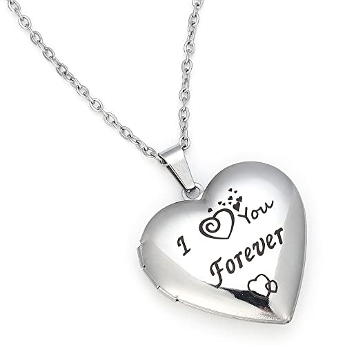 I You Forever“ Love Heart Shaped Locket Necklace That Can Holds Pictures Inside Stainless Steel Locket Necklace - color: Silver