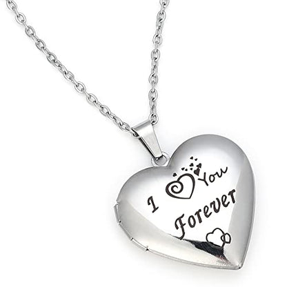 I You Forever“ Love Heart Shaped Locket Necklace That Can Holds Pictures Inside Stainless Steel Locket Necklace - color: Silver