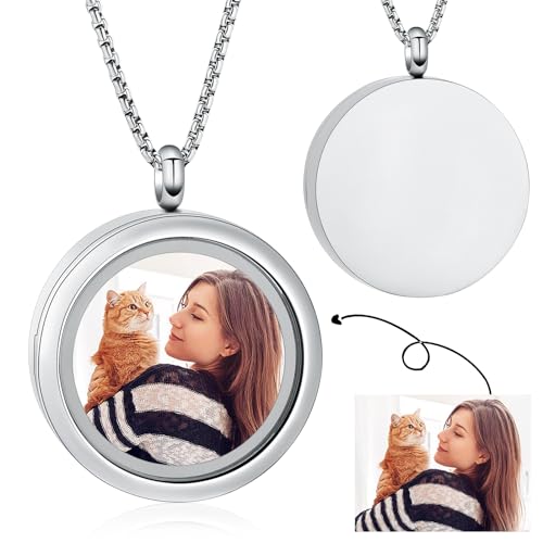 Glass Urn Necklace for Ashes Stainless Steel Cremation Photo Locket Memorial Necklace Keepsake Jewelry of Loved One with Fill Tool - color: Silver