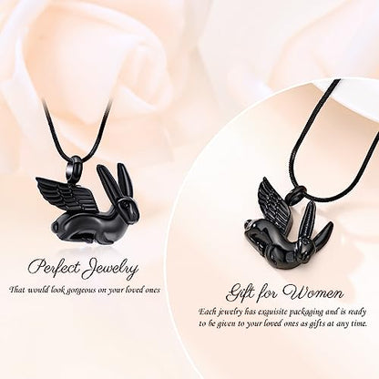 Bunny Rabbit Urn Pendant Necklace - Stainless Steel Cremation Ashes Jewelry for Pets Keepsake Memorial Ashes Locket - color: Black