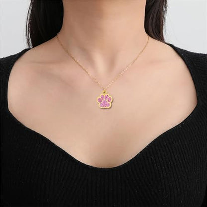 Dreuyet Paw Necklace and Earrings Set for Women Glitter Cute Dog Cat Pet Paw Print Pendant Necklace Earrings Lovely Animal Charm Jewelry Set Gifts - color: Gold Pink
