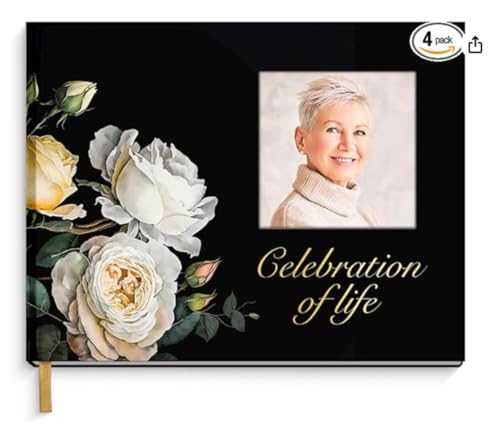 Celebration of Life Guest Book for Funeral or Memorial 9"x7", Hardcover Cardboard Floral Remembrance Book w/Sign In Poster, Gold Foil, Photo Window, Memory Keepsake for Loved Ones, Black & White Roses