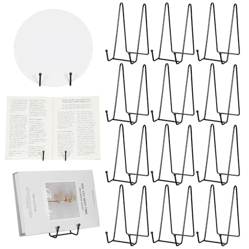 12 Pack 6 Inch Metal Plate Display Stands, Black Multi-Purpose Easel Stands for Photos/Books/Plaques/Artwork, Tabletop Holder
