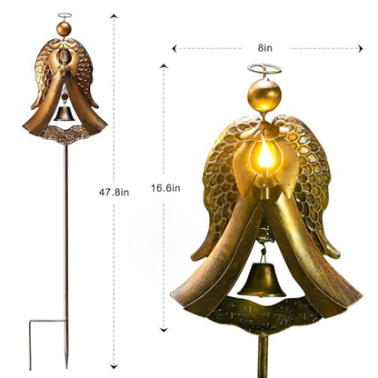 Homight Solar Garden Stake Light - Metal Angel Solar Warm Stake Light Memorial Gift - Outdoor Bronze Angel Bell Candle Prayer Metal Lamp - Waterproof Garden Lawn Patio Gift